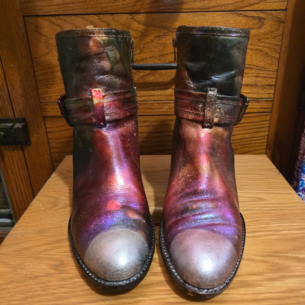 HANDCRAFTED Upcycled Leather Boots HANDPAINTED Size 9M Ankle Bootie Wearable Art - Picture 3 of 17